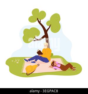 Vater liest seiner Tochter ein Buch, das unter einem Baum auf einer Decke sitzt. Erziehung, Familienbindung, Bildung im Freien, Geschichten erzählen. Stock Vektor