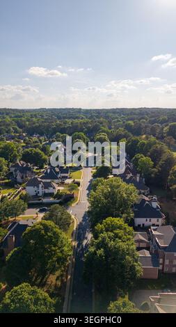 Blick aus der Vogelperspektive auf luxuriöse Vorstadthäuser in einer gehobenen Unterteilung, umgeben von üppigen grünen Bäumen in Vororten der USA Stockfoto