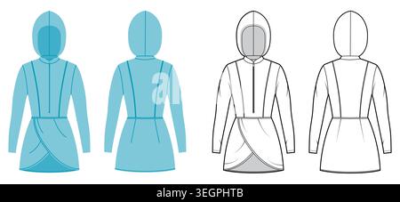 Wickelkleid mit Kapuze, langen Ärmeln und figurbetonter Silhouette, klaren Konstruktionslinien und strukturierten, weichen Falten. Illustration technischer Mode in Schwarzweiß und Farbe, Vorderansicht hinten, CAD-Vorlage. Vektor Stock Vektor