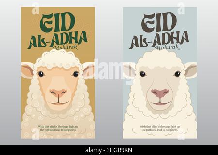 EID Al-Adha Mubarak Social-Media-Story und vertikales Banner-Template-Paket, mit einer niedlichen flachen Vektor-Schafillustration, islamischen Mustern Stock Vektor