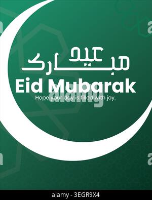 Moderne grüne Eid Mubarak Grußkartenschablone für soziale Medien mit einem großen weißen Halbmond, geometrischen islamischen Mustern und Textwünschen. Stock Vektor