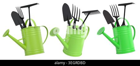 Gartenwerkzeuge wie Schaufel, Gabel und Rechen in Gießkannen, isoliert auf weißem Gartenkonzept. Stockfoto