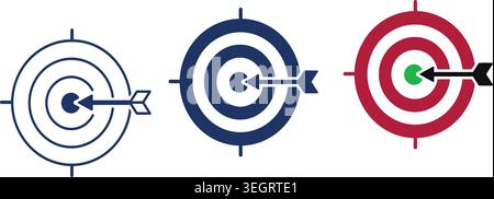 Set aus drei Vektorsymbolen für Ziel und Dartscheibe mit Pfeilen, die auf das mittlere Bullseye treffen und somit Präzision, Genauigkeit und erfolgreiches Ziel ach darstellen Stock Vektor