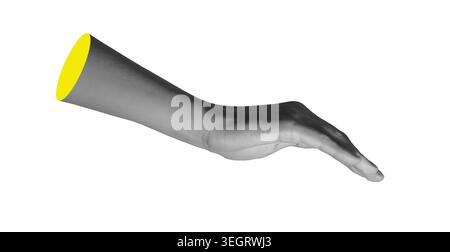 Schwarz-weiße Hand, die nach vorne streckt. Arm isoliert mit gelbem Akzent an der Schnittkante. Minimale Collagezusammensetzung mit menschlicher Geste. Stockfoto
