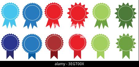Farbenfrohe flache Vektorsätze mit Preisbändern und Preissiegeln in verschiedenen Stilen und Farben, perfekt für Etiketten, Zertifikate, Symbole und Webgrafiken Stock Vektor