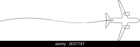 Minimalistische durchgehende Liniengrafik Illustration eines kommerziellen Flugzeugs im Flug, die einen einzigen, eleganten Weg vor einem sauberen weißen Hintergrund hinterlässt Stock Vektor