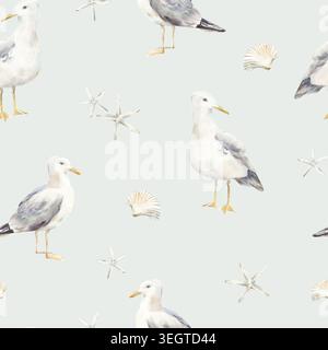 Möwen nahtloses, handgezeichnetes Aquarellmuster. Hintergrund mit Vögeln und Muscheln. Stockfoto