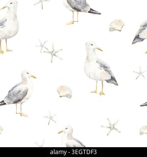 Möwen nahtloses, handgezeichnetes Aquarellmuster. Hintergrund mit Vögeln und Muscheln. Stockfoto
