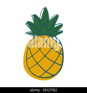Handgezeichnete Kritzelillustration einer gelben Ananas mit dunkelgrünen Blättern und blauem Umriss, isoliert auf weißem Hintergrund, tropischer Frucht und Sommer Stock Vektor