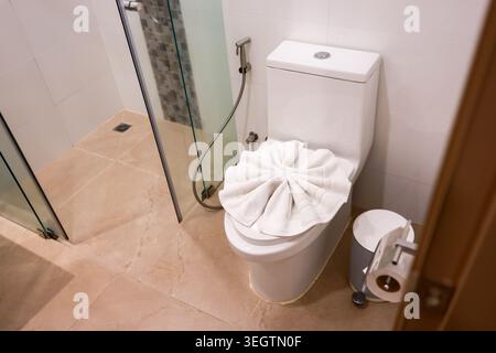 Modernes, sauberes Badezimmer mit weißer Toilette und wunderschön gefaltetem Handtuch, das anmutig auf dem Sitz neben der Glasdusche liegt Stockfoto