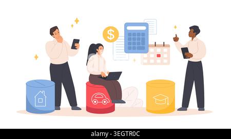 Team von Personen, die Geld verwalten, Budget und Einsparungen planen, mit Rechner, Kalender und finanziellen Zielen für Haus, Auto und Bildung, isoliert auf weißem Hintergrund Vektorillustration Stock Vektor