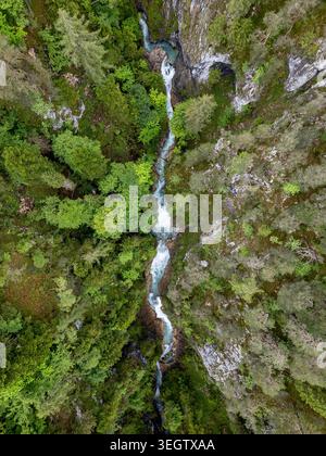 Entdecken Sie die atemberaubende Schönheit eines unberührten Flusses, der sich seinen Weg durch einen tiefen, bewaldeten Canyon schneidet, aus einer einzigartigen Luftperspektive. Dies Stockfoto