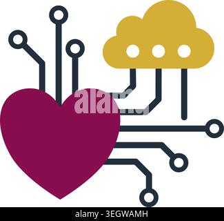 Minimalistische Vektor-Illustration eines lila Herzens, das mit einem gelben Cloud-Server mit Tech-Line-Knoten verbunden ist. Stock Vektor
