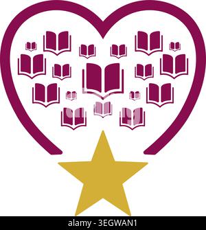 Minimalistische Vektor-Illustration eines magentafarbenen Herzens, gefüllt mit offenen Büchern, stehend über einem gelben Stern. Stock Vektor