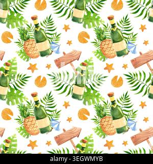 Nahtloses Sommermuster mit Ananas und Champagner. Handgezeichnetes tropisches Dekor mit exotischen Früchten. Reise- und Freizeitprodukte: Packag Stockfoto