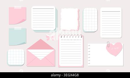 Rosafarbenes Klebepapier für Blogs, Notizen oder Erinnerungen. MEMO-Schreibwaren in Pastellfarben. Leeres Tagebuch für Journal oder Erinnerung. Stock Vektor