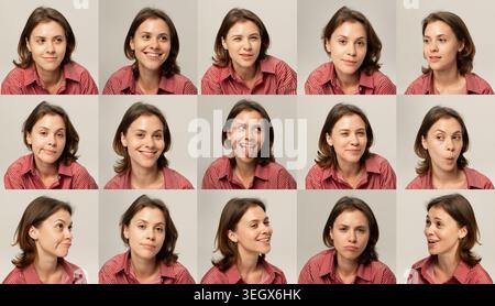 Gesichtsausdrucksgitter junger Frauen in rot gestreiftem Hemd mit unterschiedlichen Stimmungen und Reaktionen Stockfoto