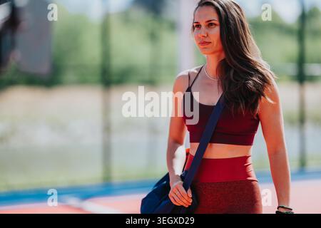 Die junge Frau in roter Sportkleidung trägt an einem sonnigen Tag eine Turntasche auf einem Platz im Freien Stockfoto