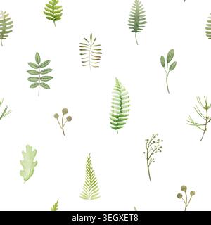 Botanisches nahtloses Muster mit feinen Waldblättern, Farnen und Waldzweigen auf weiß. Handgemalte Aquarellillustration Natur Textur für Stockfoto