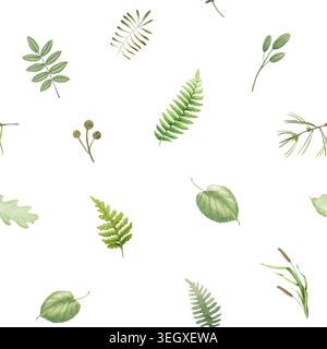 Botanisches nahtloses Muster mit feinen Waldblättern, Farnen und Waldzweigen auf weiß. Handgezeichnete Aquarellillustration Naturhintergrund für Stockfoto