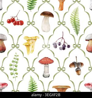 Forest Elements nahtlose Fliesen im Vintage-Stil mit Waldpilzen, Beeren, Farnen und wilden Kräutern. Handgezeichnete Aquarelle Herbst Natur Dekor für Stockfoto