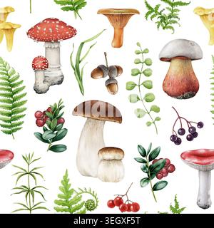Botanisches nahtloses Muster mit Waldpilzen, Beeren, Farnen und Wildkräutern auf weiß. Handgezeichnete Herbst-Natur-Textur für Stoff Stockfoto