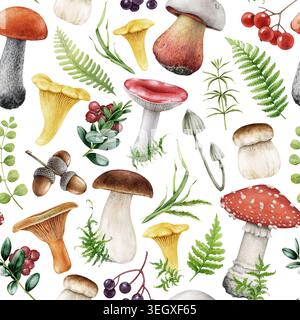Wald Elemente botanisches nahtloses Muster mit Waldpilzen, Beeren, Farnen, wilden Kräutern auf weiß. Handgezeichnete Aquarelle Herbst Natur Textur Stockfoto