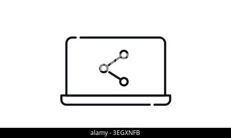 Laptop mit Share-Symbol auf dem Bildschirm: Tragbarer Computer für digitale Freigabe, Social Media-Konnektivität und Dateiverteilung, minimalistisches Schwarz Stock Vektor