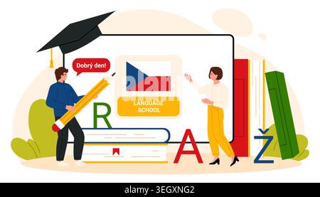 Tschechisches Schulkonzept mit Lehrer, Schüler, Nationalflagge, Alphabetbuchstaben und Lernbüchern, geeignet für Kurse, Bildungswebseiten und Online-Unterricht isoliert auf weißer Vektor-Illustration Stock Vektor