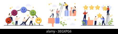 Mitarbeiter verbessern die Bewertungsskala für die Kundenzufriedenheit mit Emoticons, Daumen hoch, fünf-Sterne-Bewertung, Teamarbeit, positivem Feedback, Geschäftserfolg, isoliert auf weißem Hintergrund Vektorillustration Stock Vektor