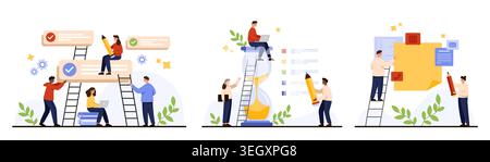 Büroteam organisiert Aufgaben, schreibt To-do-Listen, verwaltet Terminpläne und Termine mit Leitern, Sanduhr, Haftnotizen, Teamwork-Produktivitätskonzept isoliert auf weißem Hintergrund Vektorillustration Stock Vektor