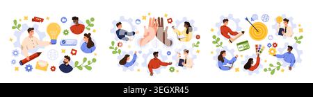 Verschiedene Geschäftsleute arbeiten an Zahnrädern zusammen und teilen Ideen, High Fives, Kreativität und Ziele mit Symbolen wie Glühbirne, Ziel, Geld und Kommunikation, die auf weißen Vektorillustrationen isoliert sind Stock Vektor