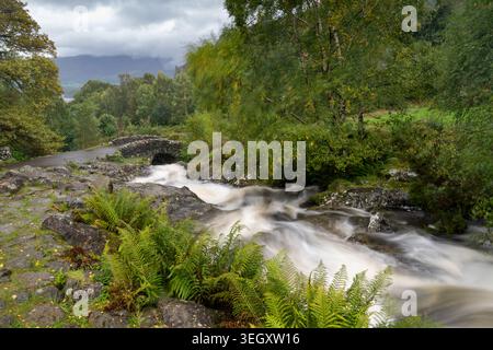 Ashness Bridge, eine alte Packhorse Bridge, die im Herbst Borrow Beck überquert, oberhalb von Derwent Water im Borrowdale Valley, nahe Keswick, Cumbria, Großbritannien Stockfoto