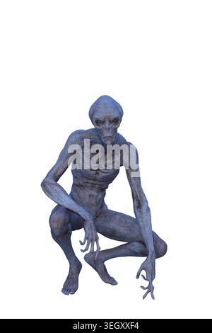 Blaugraue Alien-Kreatur, die sich hockt und in die Kamera guckt. 3D-Illustration isoliert auf weißem Hintergrund. Stockfoto
