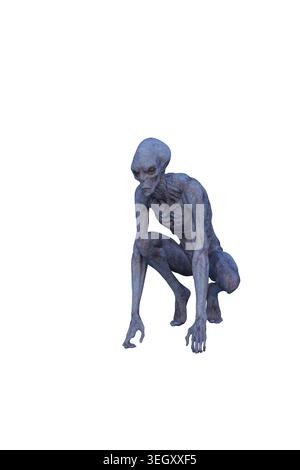 Blaugraue Alien-Kreatur hockt. 3D-Illustration isoliert auf weißem Hintergrund. Stockfoto