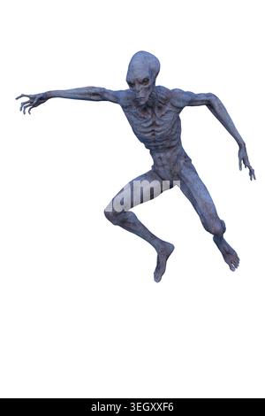 Blaugraue, fremdartige Kreatur springt. 3D-Illustration isoliert auf weißem Hintergrund. Stockfoto