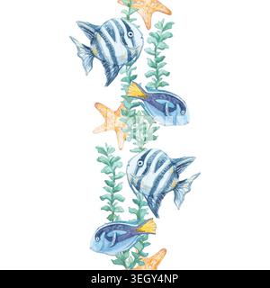 Tropische Fische, Seesterne und Algen nahtlose Grenze isoliert auf weißem Hintergrund. Handgezeichnetes marineblaues, rotes Meer-Motiv, Original-Element für Auge Stockfoto