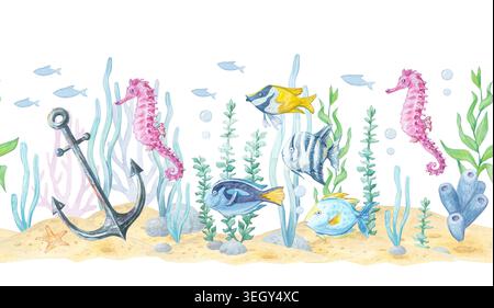 Seepferdchen, tropische Fische, Anker, Algen und Korallen, die eine nahtlose, vom Roten Meer inspirierte Aquarellgrenze bilden, isoliert auf weißem Hintergrund. Handgezeichnet mA Stockfoto