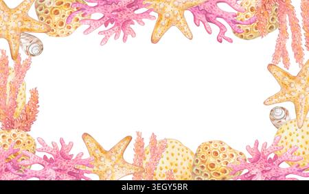 Rechteckiger Rahmen mit Seesternen, Korallen und Muscheln isoliert auf weißem Hintergrund. Handgezeichneter Meeresrand für elegantes Unterwassermotiv Stockfoto