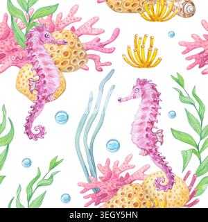 Seepferdchen, Korallen, Schwämme, Algen und Luftblasen nahtloses Muster auf weißem Hintergrund. Handgezeichnetes marineblaues Rotes Meer-Element für Stockfoto