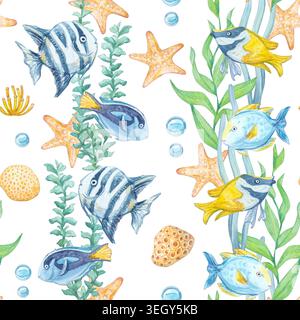 Lebendige tropische Fische, Seesterne, Schwämme, Algen und Blasen nahtloses Aquarellmuster isoliert auf weißem Hintergrund. Handgezeichnete Marine Rotes Meer sie Stockfoto