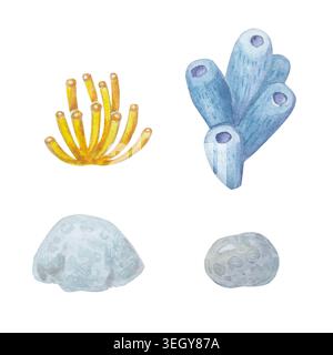 Wasserfarben-Unterwasserelemente isoliert auf weißem Hintergrund. Handgezeichnete Marine Illustration von blauen Meeresschwämmen, gelben Korallen und Meeressteinen. D Stockfoto