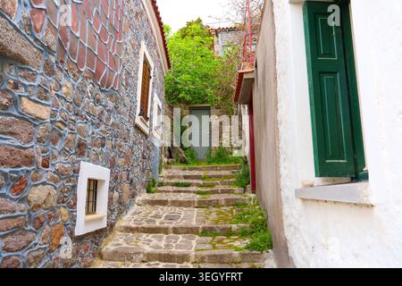 Charmante gepflasterte Straße mit Stufen, die sich zwischen traditionellen Häusern mit Holzläden im historischen Dorf Molyvos auf der Insel Lesbos schlängeln Stockfoto