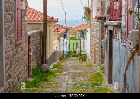 Enge Kopfsteinpflasterallee, die sich zwischen traditionellen Steinhäusern mit roten Ziegeldächern im historischen Dorf Molyvos, Lesbos, Griechenland, schlängelt, mit Meereswehen Stockfoto
