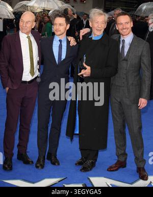 London, Großbritannien. Sir Patrick Stewart, James McAvoy, Michael Fassbender und Sir Ian McKellen bei der britischen Premiere von „X-Men: Days of Future Past“ am Odeon Leicester Square, London am 12. Mai 2014. Ref.: LMK73-48446-130514 Keith Mayhew/Landmark Media. WWW.LMKMEDIA.COM Stockfoto