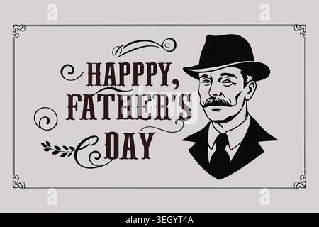 Happy Vatertag Typografie Illustration mit Schnurrbart, Hut, Fliege und Vintage-Schriftzug VATERTAG Feier Stock Vektor