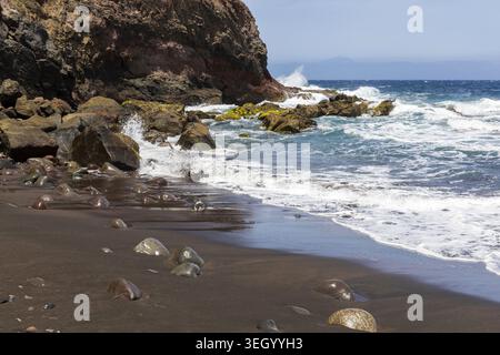 Abgelegener schwarzer Sandstrand an der Atlantikküste von Gran Canaria mit Fernsicht auf den Vulkan Teide auf Teneriffa, Kanarischen Inseln, Spanien. Stockfoto