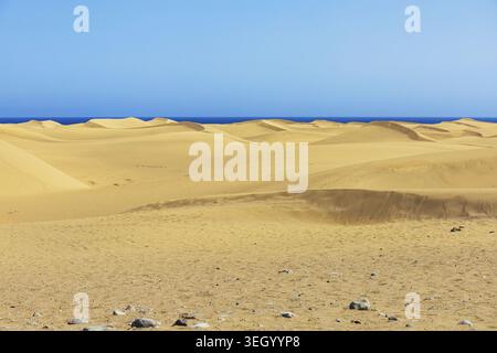 Weite Panoramalandschaft der Sanddünen von Maspalomas auf Gran Canaria, Kanarischen Inseln, Spanien. Stockfoto
