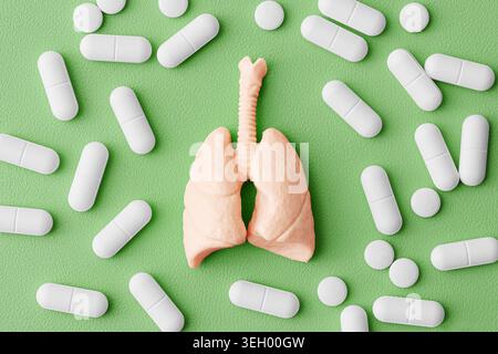 Menschliches Lungenmodell umgeben von weißen Pillen Nahaufnahme. Atemwegspflege und pharmazeutisches Behandlungskonzept auf grünem Hintergrund. Stockfoto