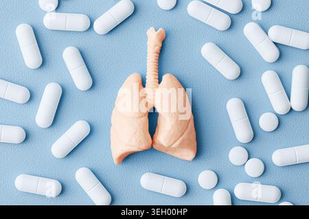 Menschliches Lungenmodell umgeben von weißen Pillen Nahaufnahme. Respiratorische Versorgung und pharmazeutisches Behandlungskonzept auf blauem Hintergrund. Stockfoto